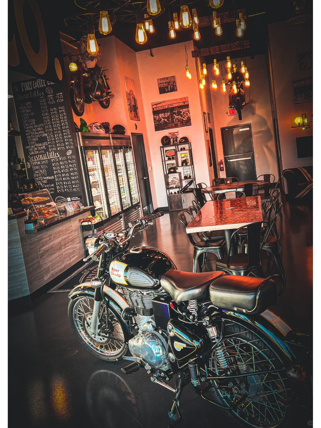 A Motorcycle-Themed Cafe with a Cinematic Vibe