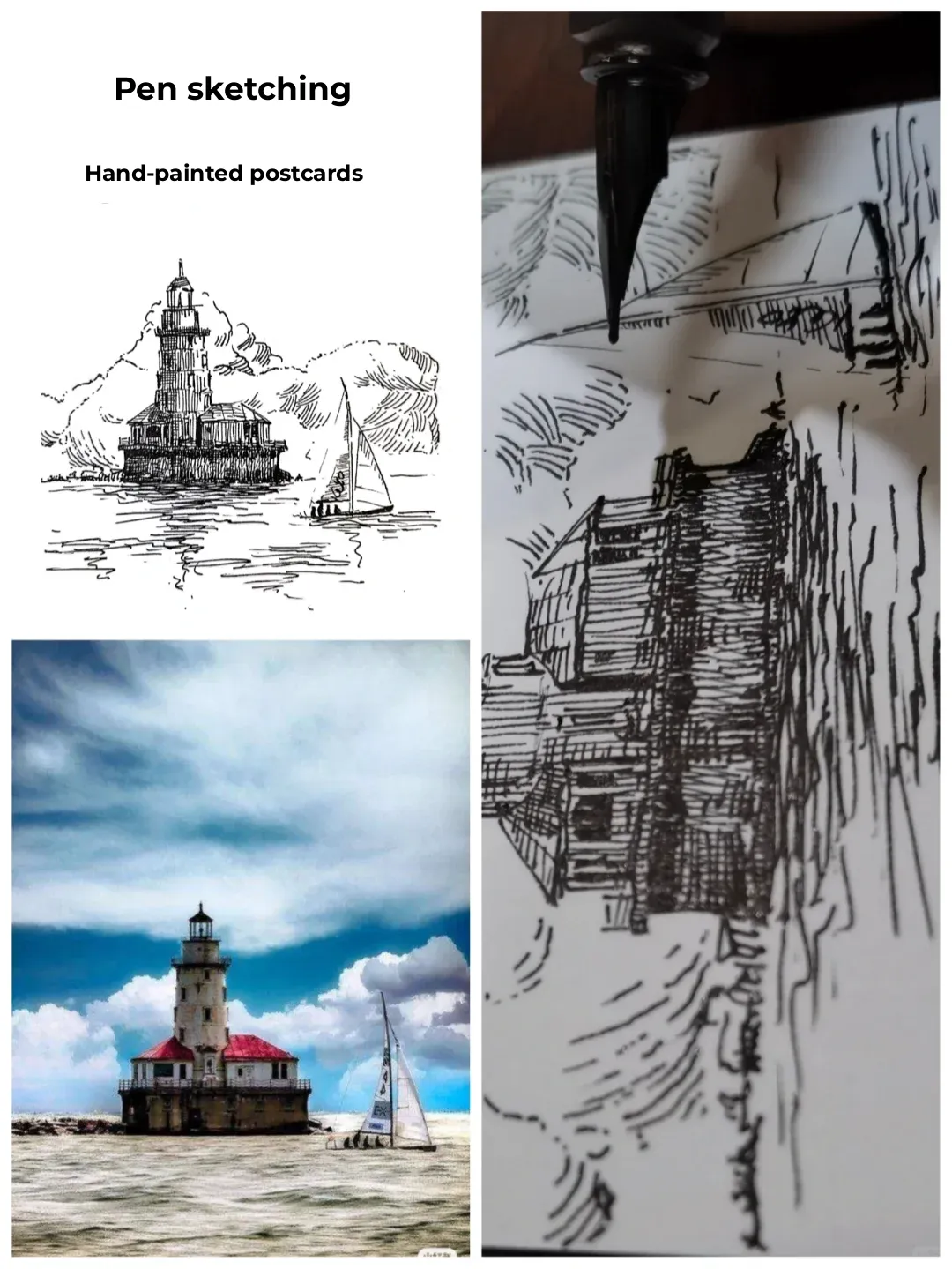 Pen Sketch | Hand-Drawn Postcard #59 | Chicago Harbor Lighthouse