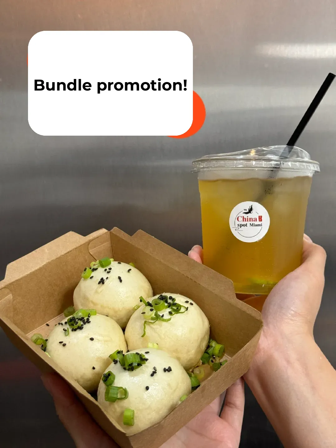 A serving of pan-fried buns with a cup of tea, and a meatless scallion pancake